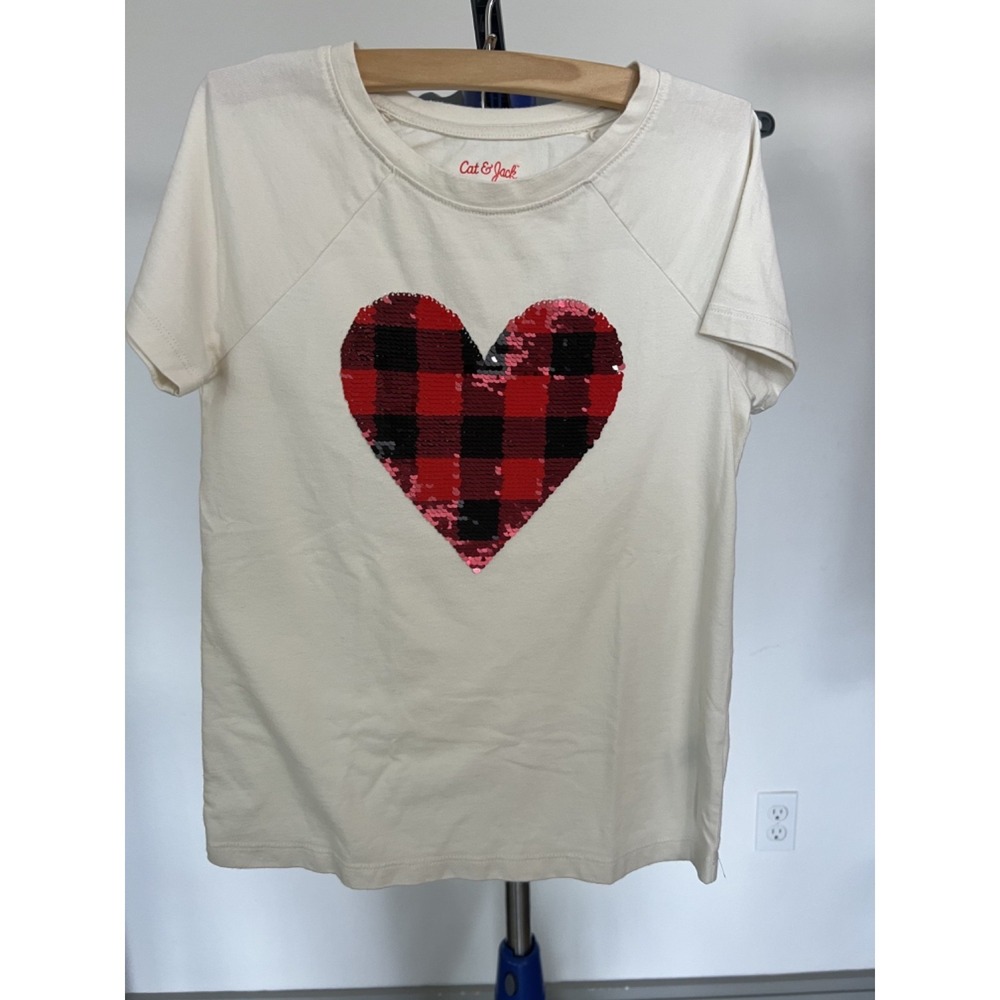 Cat & Jack Cream Sequin Heart Shirt - 7/8
